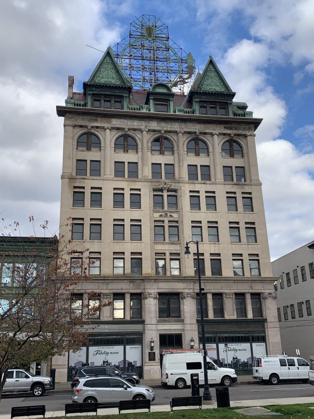 The twin gabled, eight story Scranton Electric Building on Linden Ave., built in 1896, will serve as Fidelity Bank's headquarters upon completion of its renovation.