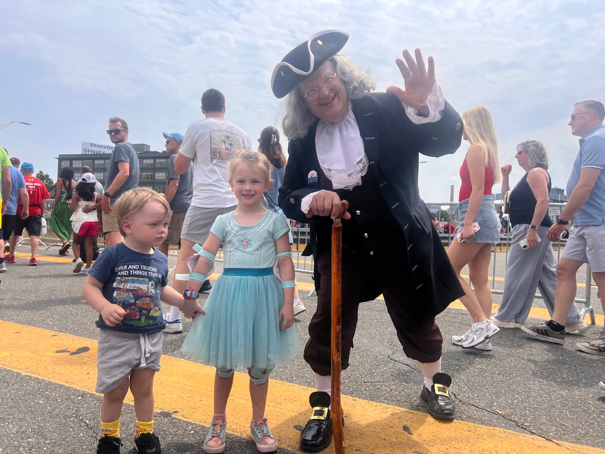 The man himself. A Ben Franklin Impersonator stood on the Philadelphia side of the Ben Franklin Bridge taking photos with people. Kristen's kids Walter and Trudy pose for a photo with him.