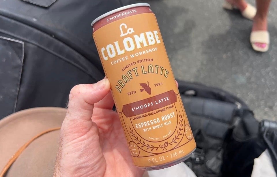 A can of La Colombe draft latte. Handed out to people attending the Ben Franklin Bridge 100th Anniversary celebration.