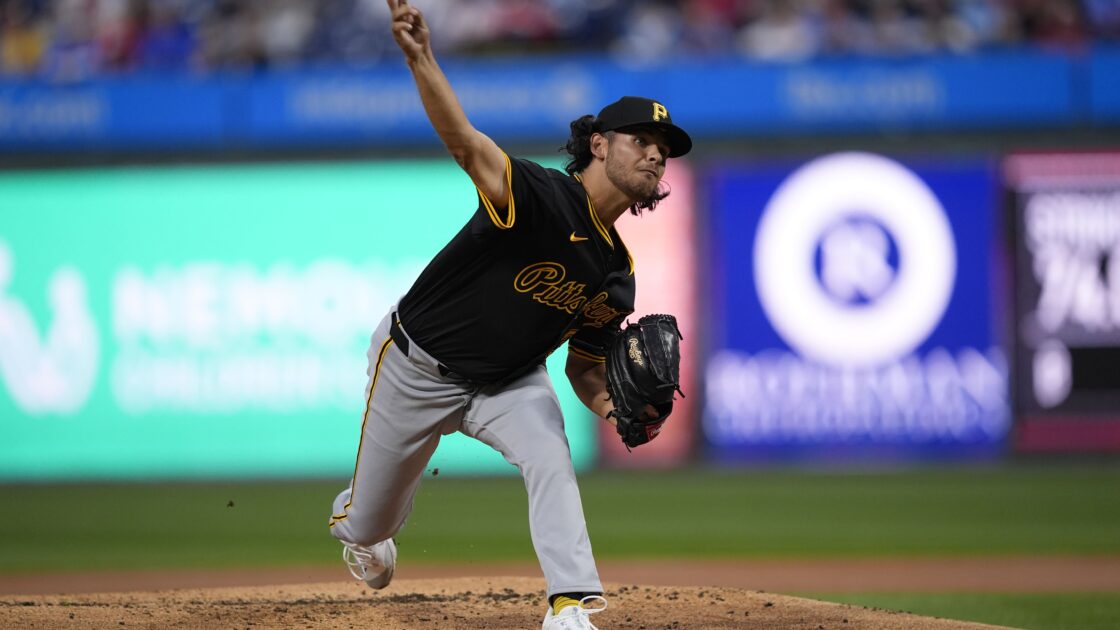 Pittsburgh Pirates Jared Jones pitches during the first inning of a baseball game against the Philadelphia Phillies, Thursday, April 11, 2024, in Philadelphia. (AP Photo/Matt Rourke)
