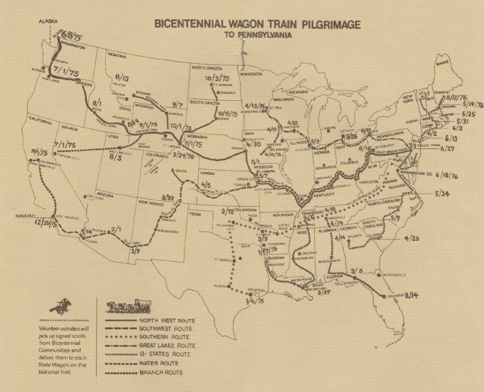 A map of the routes used across America in the Bicentennial Wagon Train Pilgrimage of 1976
