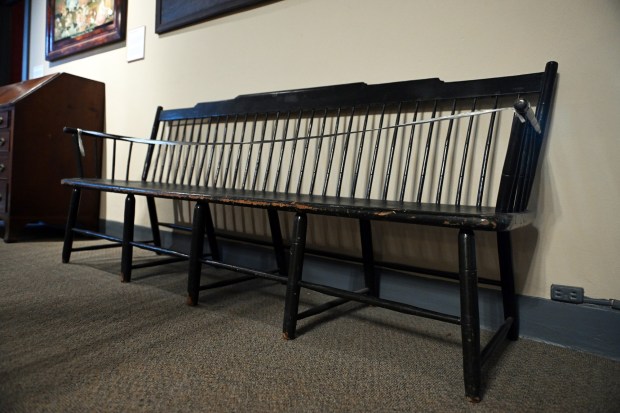 George Washington was thought to have sat on a settee now on display at the Berks History Center during his visit to Reading in 1794. Further research indicated that the bench was made 20 years after his visit. (BILL UHRICH/READING EAGLE)