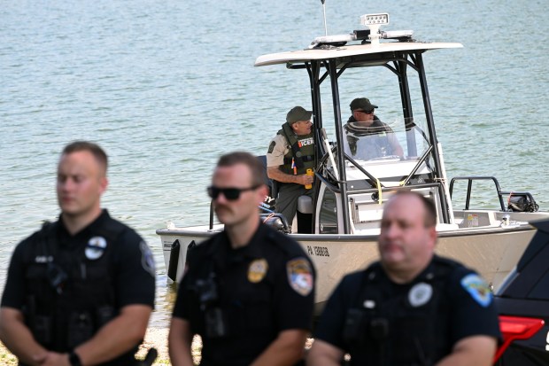 The Pennsylvania Fish and Boat Commission personnel are patrolling during a press conference promoting safe driving and boating during an Independence Day Impaired Driving Mobilization event Tuesday, June 30, 2026, at the Dry Brooks Boat Launch at Blue Marsh Lake. (BILL UHRICH/READING EAGLE)