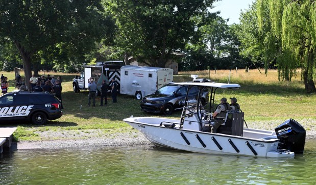 The Pennsylvania Fish and Boat Commission personnel are patrolling during a press conference promoting safe driving and boating during an Independence Day Impaired Driving Mobilization event Tuesday, June 30, 2026, at the Dry Brooks Boat Launch at Blue Marsh Lake. (BILL UHRICH/READING EAGLE)