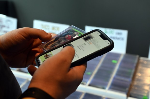Andrew Salkin of Plymouth Meeting scans the web for pricing during the Pennsylvania State Card Show at the Redner's Event Center at FirstEnergy Stadium on Saturday, July 25, 2026. (BILL UHRICH/READING EAGLE)