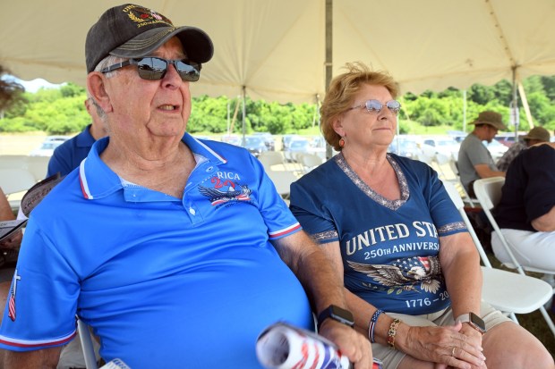 Bob and Helen Simpson of Womelsdorf enjoy the Let's Dance orchestra during the Berks County Star Spangled Spectacular at the county fairgrounds in Bern Township on Saturday, July 4, 2026. (BILL UHRICH/READING EAGLE)