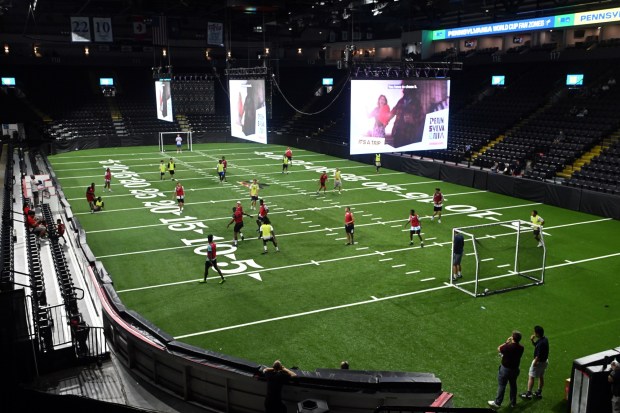 Fans play a pick-up soccer game before the FIFA Fan Zone World Cup watch party at the Santander Arena on Friday, July 3, 2026. (BILL UHRICH/READING EAGLE)