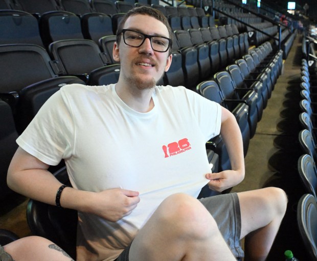 Joshua Nosados of Fleetwood shows off his Philadelphia Soccer 2026 T-shirt during the FIFA Fan Zone World Cup watch party at the Santander Arena on Friday, July 3, 2026. (BILL UHRICH/READING EAGLE)