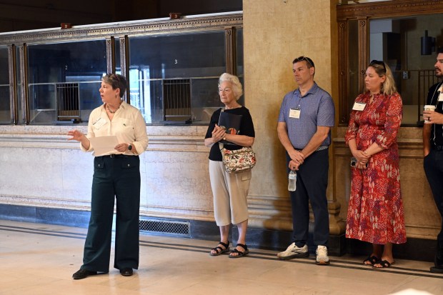During a tour of the former Farmers Bank at Fifth and Penn streets on Tuesday, July 14, 2026, Chris Cieslak, Green Building Alliance's chief operating officer and vice president of programs, said the organization's Resilient Reading initiative connects local building owners with technical assistance, funding opportunities and educational resources that can make older buildings more energy efficient. (BILL UHRICH/READING EAGLE)