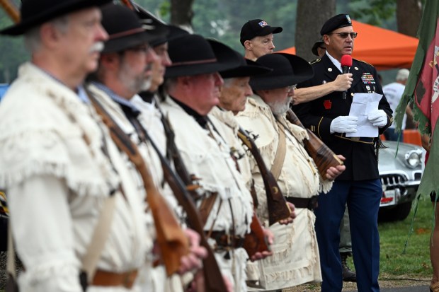 1st Sgt. Gary G. DeCola, a member of the Skyline Drive Corvette Club, delivers the opening message in honor of the 250th anniversary of the Declaration of Independence with the First Pennsylvania Regiment of the Continental Line during the 46th In-Vette-Tational at the Oley Fire Company Fairgrounds on Saturday, July 18, 2026. (BILL UHRICH/READING EAGLE)