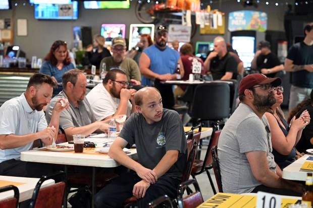 Social club members and other interested parties listen to a presentation on skill games legislation at the Liberty Fire Company Social Quarters in Sinking Spring on Thursday, July 9, 2026. (BILL UHRICH/READING EAGLE)