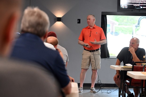 Michael Paulson, president of the Berkshire Heights Fire Company, speaks about how skill games contribute to fundraising during a meeting with club members and other interested parties at the Liberty Fire Company Social Quarters in Sinking Spring on Thursday, July 9, 2026. (BILL UHRICH/READING EAGLE)
