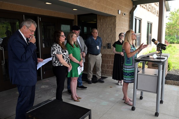 State Rep. Jacklyn Rusnock, during a press conference at Owatin Creek Elementary School in Exeter Township on Friday, July 10, 2026, speaks about her bill that recently passed in the House that would encourage warehouses to install rooftop solar panels. (BILL UHRICH/READING EAGLE)