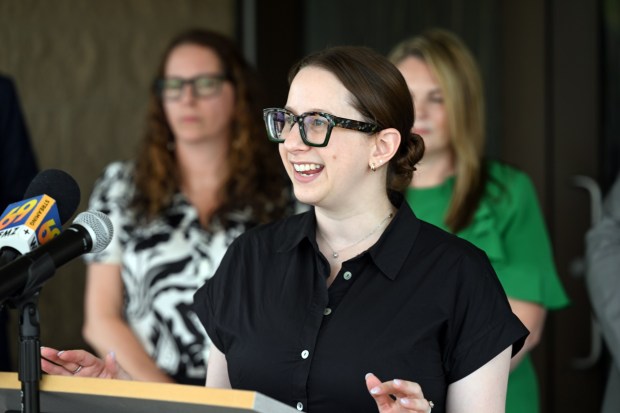 Molly Parzen, executive director of the Conservation Voters of Pennsylvania, talks about legislation that would make it easier to install solar panels on warehouses. (BILL UHRICH/READING EAGLE)