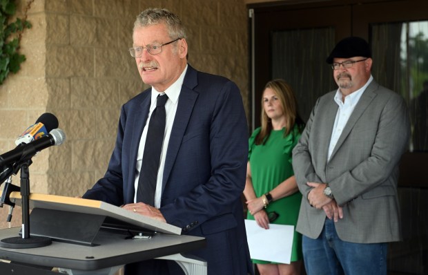 Dr. Stephen Herzenberg of the Keystone Research Center speaks about the positive effects of solar panels on warehouses at a press conference at Owatin Creek Elementary School in Exeter Township on Friday, July 10, 2026. (BILL UHRICH/READING EAGLE)