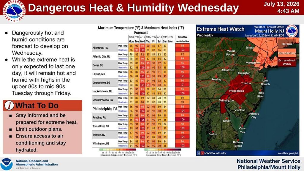 Dangerous extreme heat, humidity watch issued for Wednesday in Philly region – Reading Eagle
