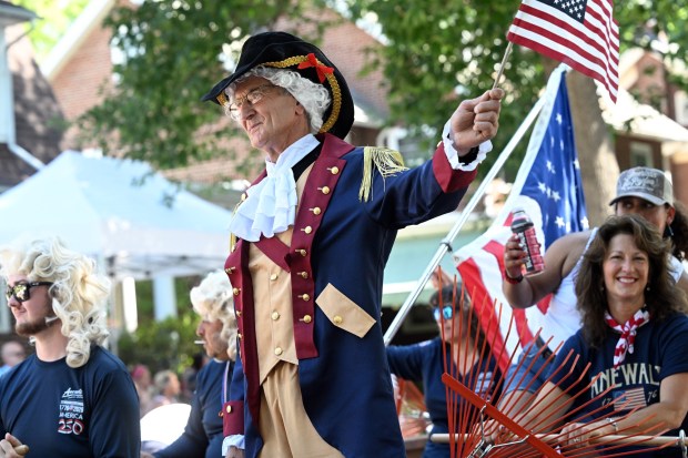 George Washington rides on the Anewalt's Landscaping float during Wyomissing's Independence Day Parade on Saturday, July 4, 2026. (BILL UHRICH/READING EAGLE)