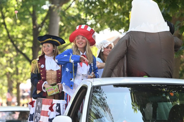 Wyomissing High School students portray 1776 icons during Wyomissing's Independence Day Parade on Saturday, July 4, 2026. (BILL UHRICH/READING EAGLE)