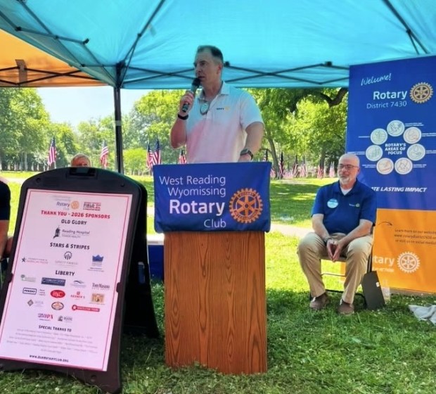 Rotary District Governor Jeremiah Sensenig addresses the July 2 Celebration of Heroes ceremony in Wyomissing. (Courtesy of West Reading-Wyomissing Rotary Club)