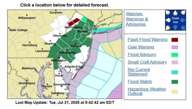 A screenshot of a National Weather Service flash flood watch map issued Tuesday morning, July 212, 2026. (MediaNews Group screenshot/NWS)
