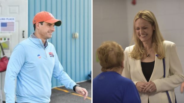 At left, U.S. Rep. Rob Bresnahan walks out of the Dallas Township Municipal Office Road Department building after voting on Election Day in Dallas Twp. SEAN MCKEAG / STAFF PHOTOGRAPHER. At right, Scranton Mayor Paige Cognetti stops to talk inside Isaac Tripp Elementary School in Scranton on Tuesday, May 19, 2026. CHAD SEBRING/STAFF PHOTO
