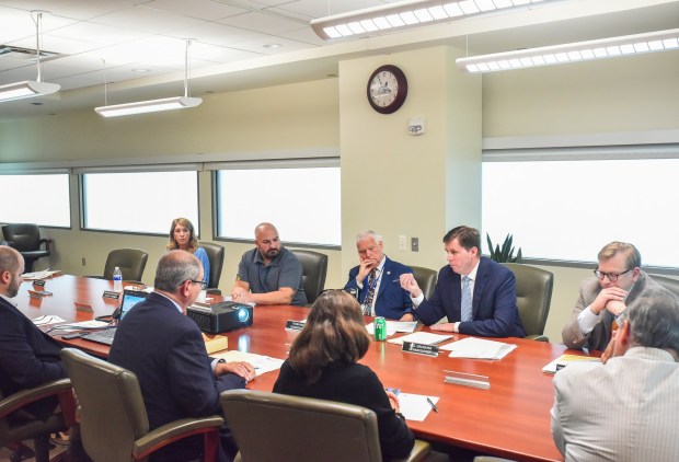 Lackawanna County Commissioner Bill Gaughan speaks to fellow board members in the conference room of the Wilkes-Barre/Scranton International Airport in Pittston Twp. Thursday, July 23, 2026. (SEAN MCKEAG / STAFF PHOTOGRAPHER)