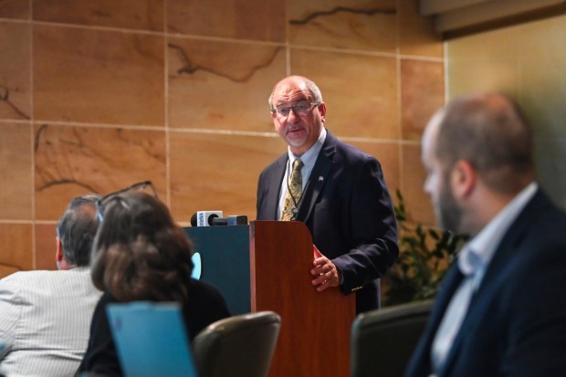 Stephen Mykulyn, P.E., Director of Engineering at the Wilkes-Barre/Scranton International Airport, speaks during a board meeting in the conference room of the Wilkes-Barre/Scranton International Airport in Pittston Twp. Thursday, July 23, 2026. (SEAN MCKEAG / STAFF PHOTOGRAPHER)