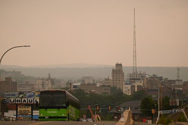 A view of Scranton from the Lackawanna Avenue Bridge Thursday, July 16, 2026. (SEAN MCKEAG / STAFF PHOTOGRAPHER)