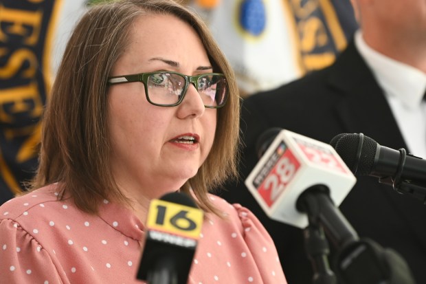 Rebecca Oyler, president and CEO of the Pennsylvania Motor Truck Association, speaks during a press conference on Dalilah's Law held at the Paul Bickelman FOP Lodge 46 in Spring Brook Twp. Monday, July 13, 2026. (SEAN MCKEAG / STAFF PHOTOGRAPHER)