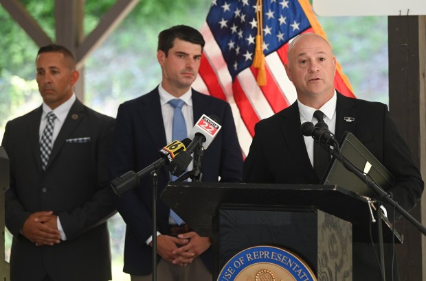 Stephen Polishan, president of the Pennsylvania State Troopers Association, speaks during a press conference on Dalilah's Law held at the Paul Bickelman FOP Lodge 46 in Spring Brook Twp. Monday, July 13, 2026. (SEAN MCKEAG / STAFF PHOTOGRAPHER)