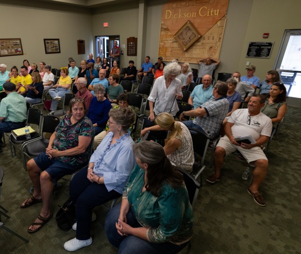 Residents attend a brief zoning hearing on Dickson City Power's proposal for three Bell Mountain power plants in the Dickson City Borough Building on Wednesday, July 22, 2026. (FRANK WILKES LESNEFSKY / STAFF PHOTO)