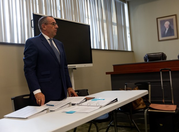Dickson City Power Attorney Frank Hoegen accepts a stipulation with the borough during a brief zoning hearing on Dickson City Power's proposal for three Bell Mountain power plants in the Dickson City Borough Building on Wednesday, July 22, 2026. (FRANK WILKES LESNEFSKY / STAFF PHOTO)