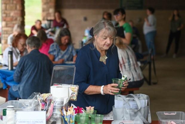 Sharyn Martucci, of Peckville, gets materials to be used for a painting activity during the "Fridays in the Park" kickoff event hosted by the Lackawanna County Area Agency on Aging at Aylesworth Park in Archbald Friday, July 10, 2026. (SEAN MCKEAG / STAFF PHOTOGRAPHER)