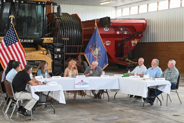 Pennsylvania Treasurer Stacy Garrity hosts a roundtable discussion on agriculture at Eckel Farms in Newton Twp. Thursday, July 30, 2026. (SEAN MCKEAG / STAFF PHOTOGRAPHER)