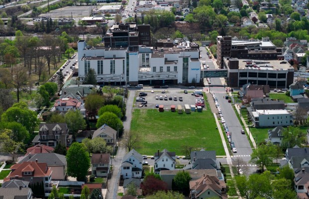 An aerial view of Geisinger Community Medical Center in Scranton Friday, April 24, 2026. (SEAN MCKEAG / STAFF PHOTOGRAPHER)