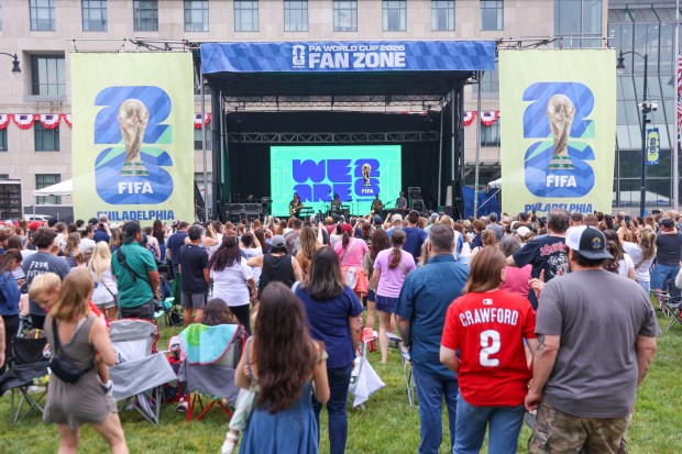 Hanson performs on Lackawanna County Courthouse Square during a FIFA World Cup Fan Zone free concert on Saturday, July 18, 2026. (JASON ARDAN / STAFF PHOTOGRAPHER)