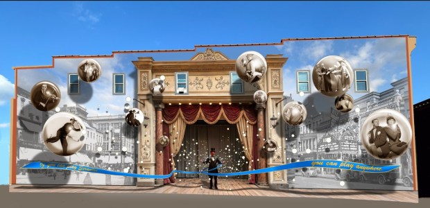 A rendering of a Vaudeville-themed mural titled "Song of the City" to be painted by artist Jon Laidacker and applied on a side wall of a building owned by Art Russo at 305 Penn Ave. in downtown Scranton. (IMAGE PROVIDED / COURTESY OF LACKAWANNA COUNTY)