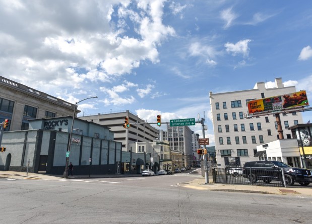 The building of the former Rocky's Lounge on Jefferson Ave. and Biden St. in downtown Scranton Monday, Sept. 15, 2025. (SEAN MCKEAG / STAFF PHOTOGRAPHER)