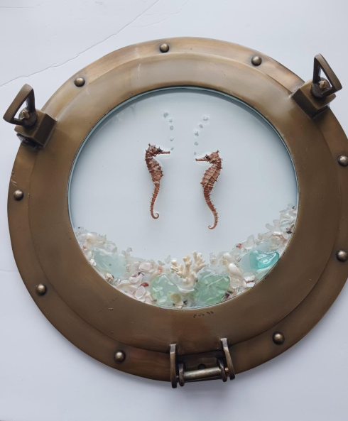 Window from a ship with colored beach glass, sand, and sea horses displayed inside.
