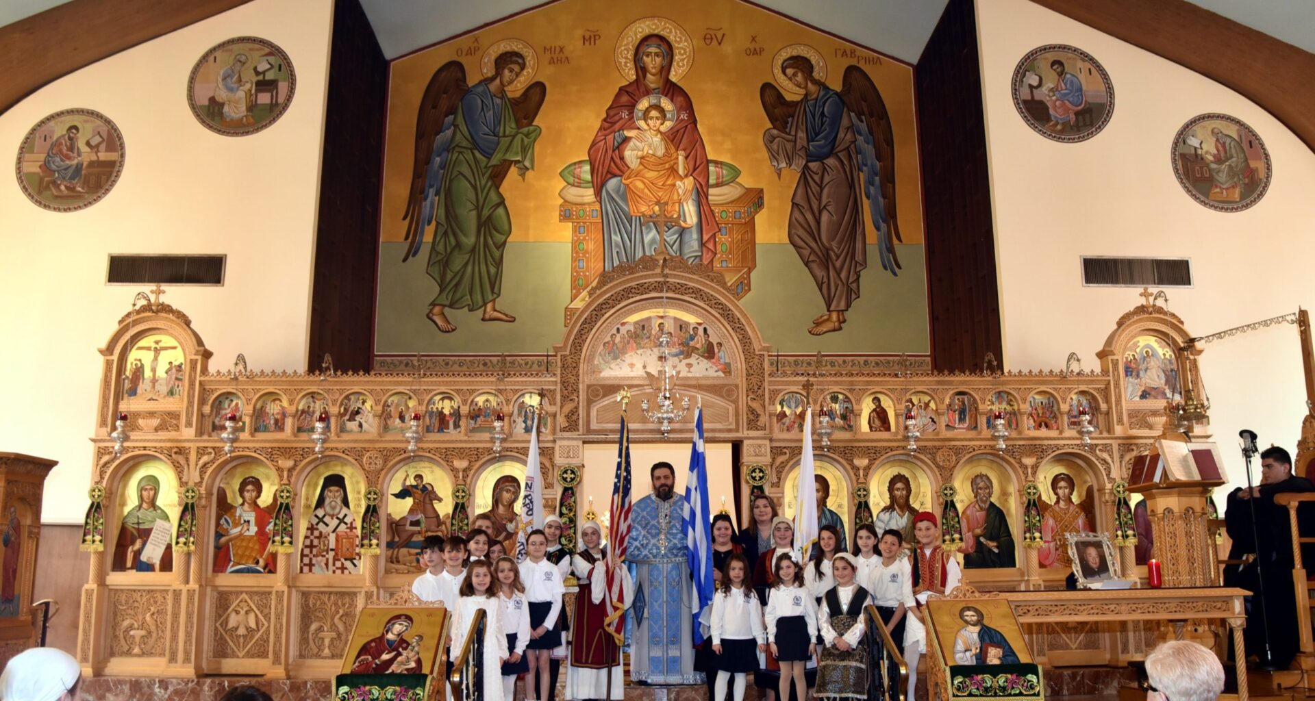 Fr. Alexandros Kaitidis with the students of St. Demetrios Greek School in Upper Darby, PA. Photo: Courtesy of St. Demetrios Greek School Upper Darby, PA