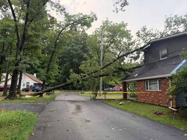 Storm damage is seen in Alburtis on Friday evening, July 3, 2026. Severe storms moved through the Lehigh Valley, cutting power to thousands amid days of extreme heat just as Fourth of July celebrations were getting started. (Rich Rolen/Special to The Morning Call)
