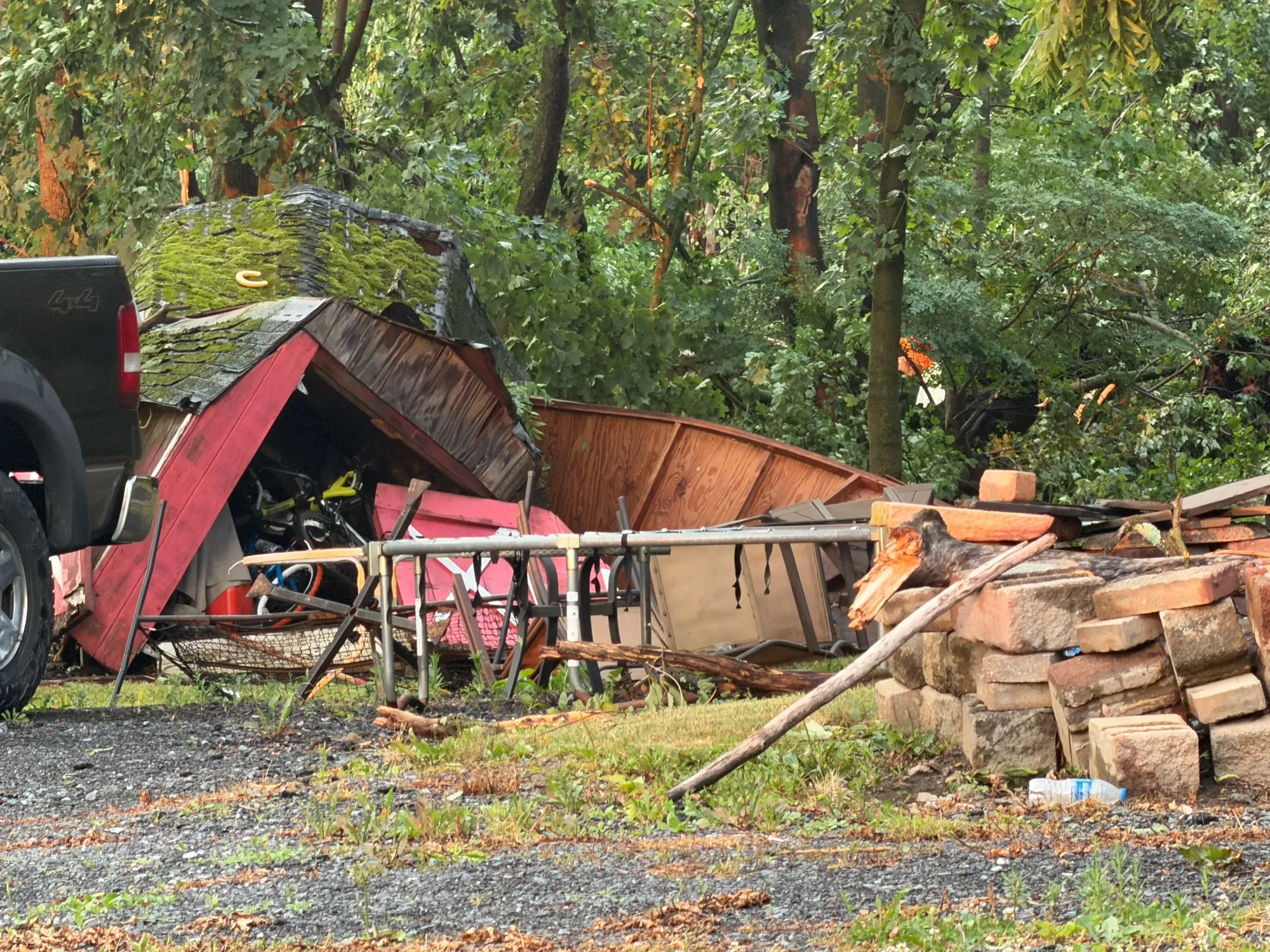 Storm damage is seen in Alburtis on Friday evening, July 3, 2026. Severe storms moved through the Lehigh Valley, cutting power to thousands amid days of extreme heat just as Fourth of July celebrations were getting started. (Rich Rolen/Special to The Morning Call)