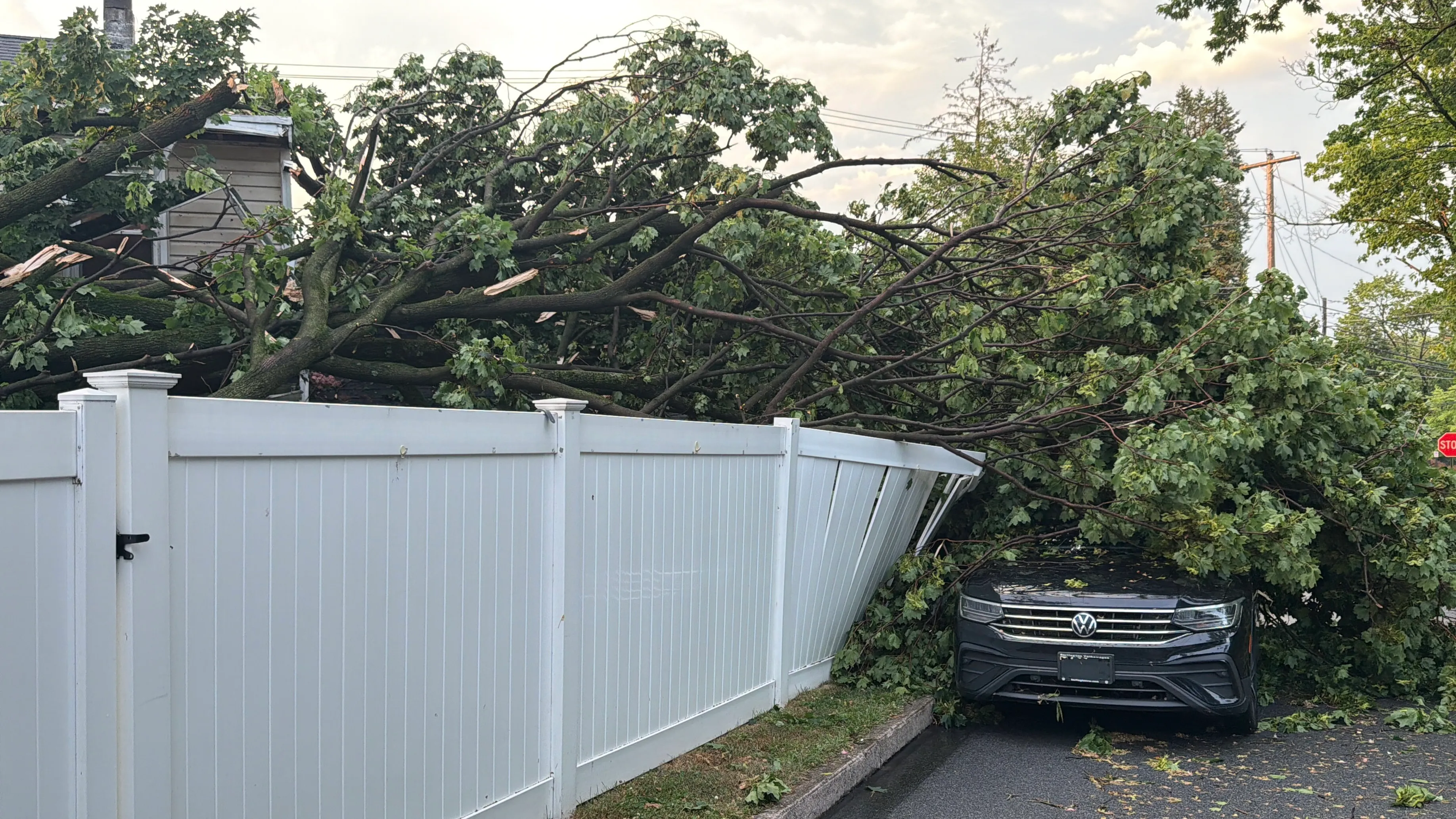 Storm damage is seen in Alburtis on Friday evening, July 3, 2026. Severe storms moved through the Lehigh Valley, cutting power to thousands amid days of extreme heat just as Fourth of July celebrations were getting started. (Rich Rolen/Special to The Morning Call)