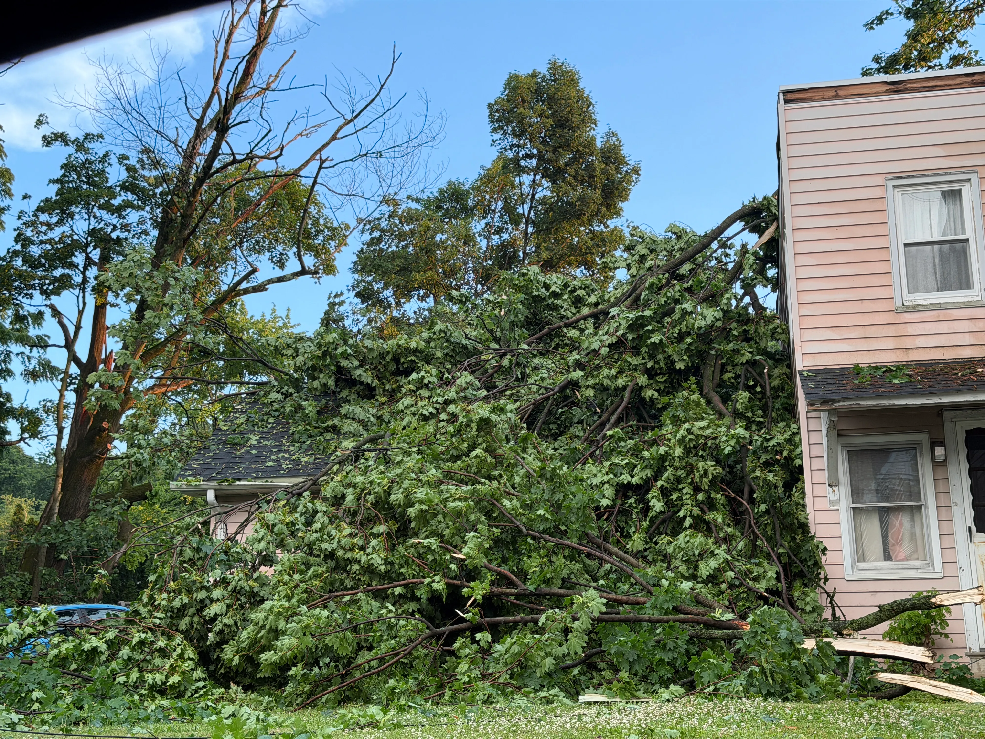 Storm damage is seen in Alburtis on Friday evening, July 3, 2026. Severe storms moved through the Lehigh Valley, cutting power to thousands amid days of extreme heat just as Fourth of July celebrations were getting started. (Rich Rolen/Special to The Morning Call)
