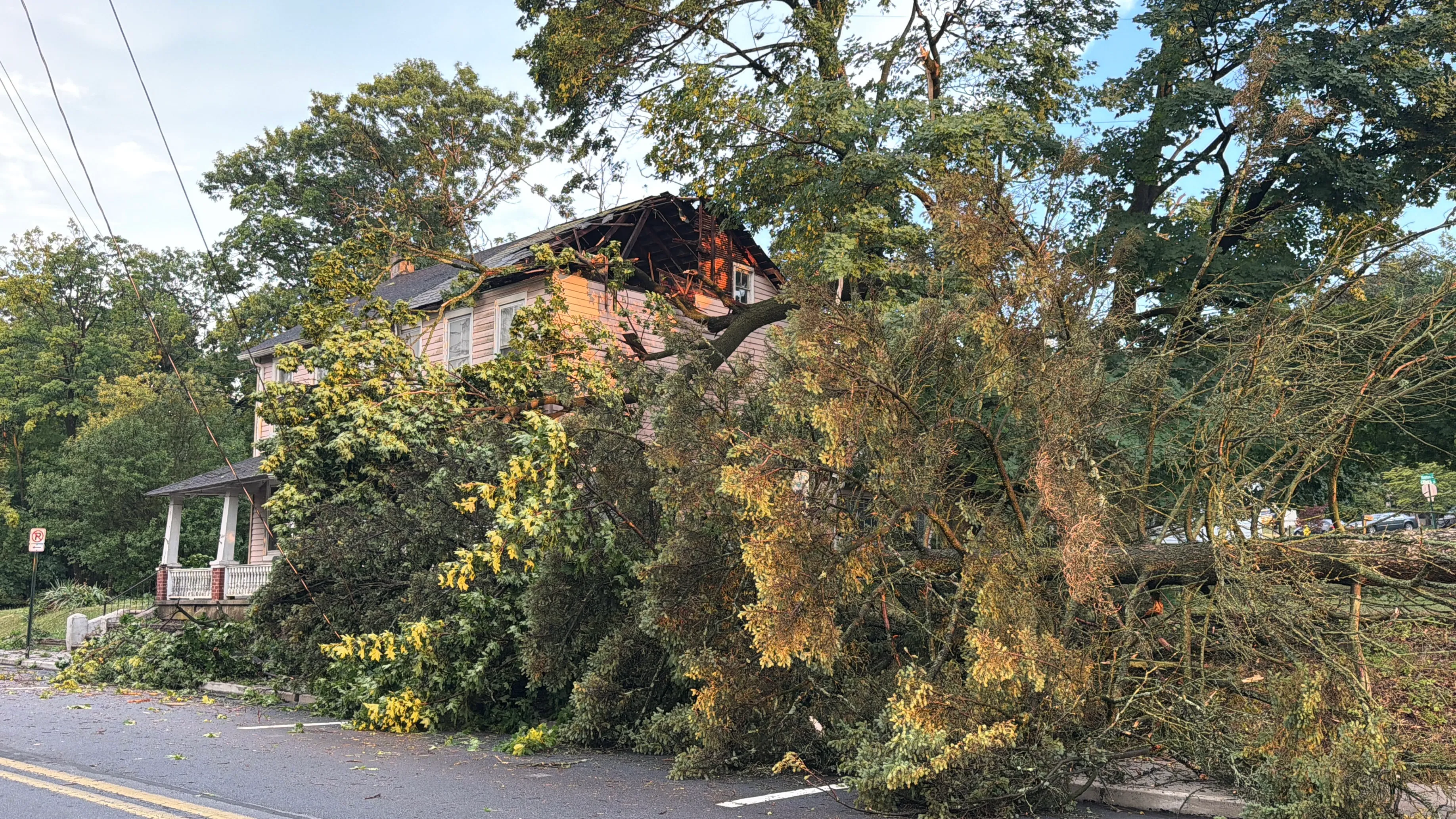Storm damage is seen in Alburtis on Friday evening, July 3, 2026. Severe storms moved through the Lehigh Valley, cutting power to thousands amid days of extreme heat just as Fourth of July celebrations were getting started. (Rich Rolen/Special to The Morning Call)