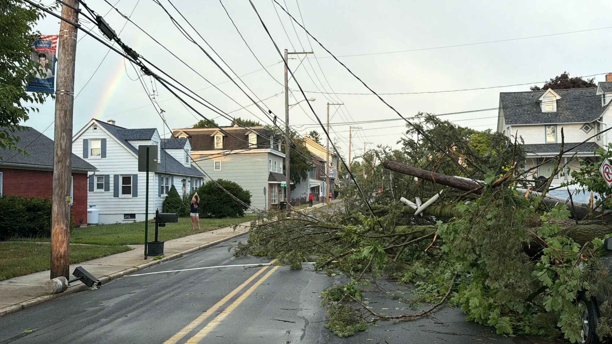 Storm damage is seen in Alburtis on Friday evening, July 3, 2026. Severe storms moved through the Lehigh Valley, cutting power to thousands amid days of extreme heat just as Fourth of July celebrations were getting started. (Rich Rolen/Special to The Morning Call)