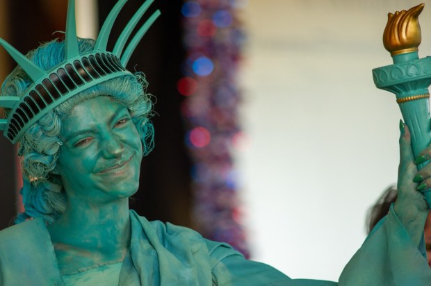 A performer dressed as the Statue of Liberty smiles Friday, July 3, 2026, during the Liberty Ignited celebration marking America's 250th birthday at Coca-Cola Park in Allentown. (Jonathan Broady/Special to The Morning Call)