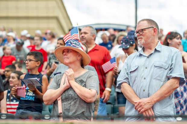 The crowd reacts to the performance Friday, July 3, 2026, during the Liberty Ignited celebration marking America's 250th birthday at Coca-Cola Park in Allentown. (Jonathan Broady/Special to The Morning Call)