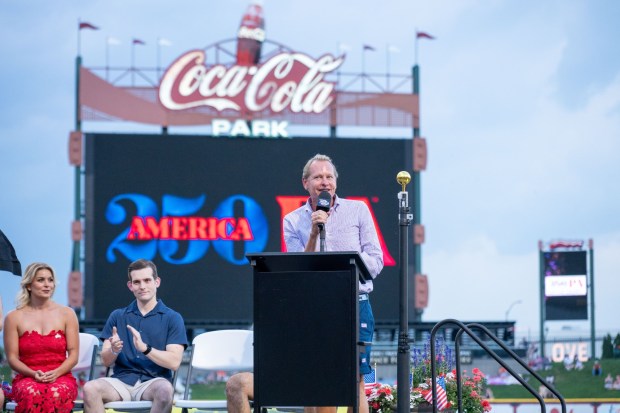 Allentown native and award-winning TV personality and designer Carson Kressley speaks to the crowd Friday, July 3, 2026, during the Liberty Ignited celebration marking America's 250th birthday at Coca-Cola Park in Allentown. (Jonathan Broady/Special to The Morning Call)