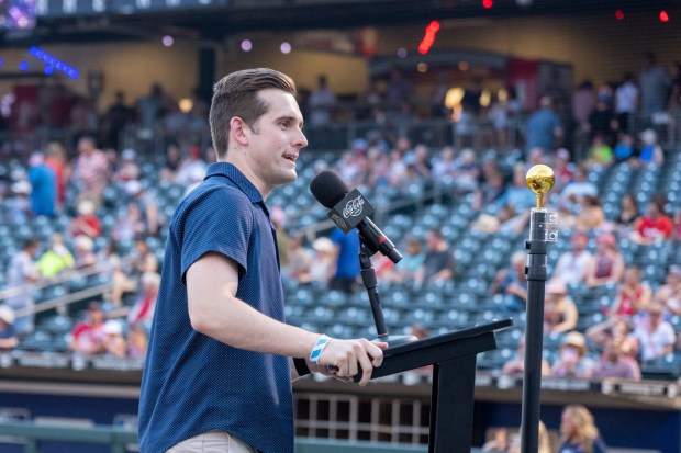 Lehigh County Executive Josh Siegel speaks to the crowd Friday, July 3, 2026, during the Liberty Ignited celebration marking America's 250th birthday at Coca-Cola Park in Allentown. (Jonathan Broady/Special to The Morning Call)